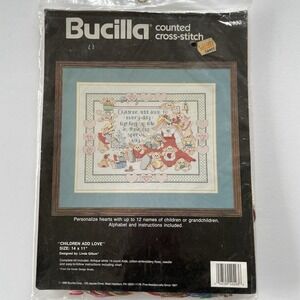 Vtg 1990 Bucilla Counted Cross Stitch Kit Children Add Love 14"x 11" Bunnies New